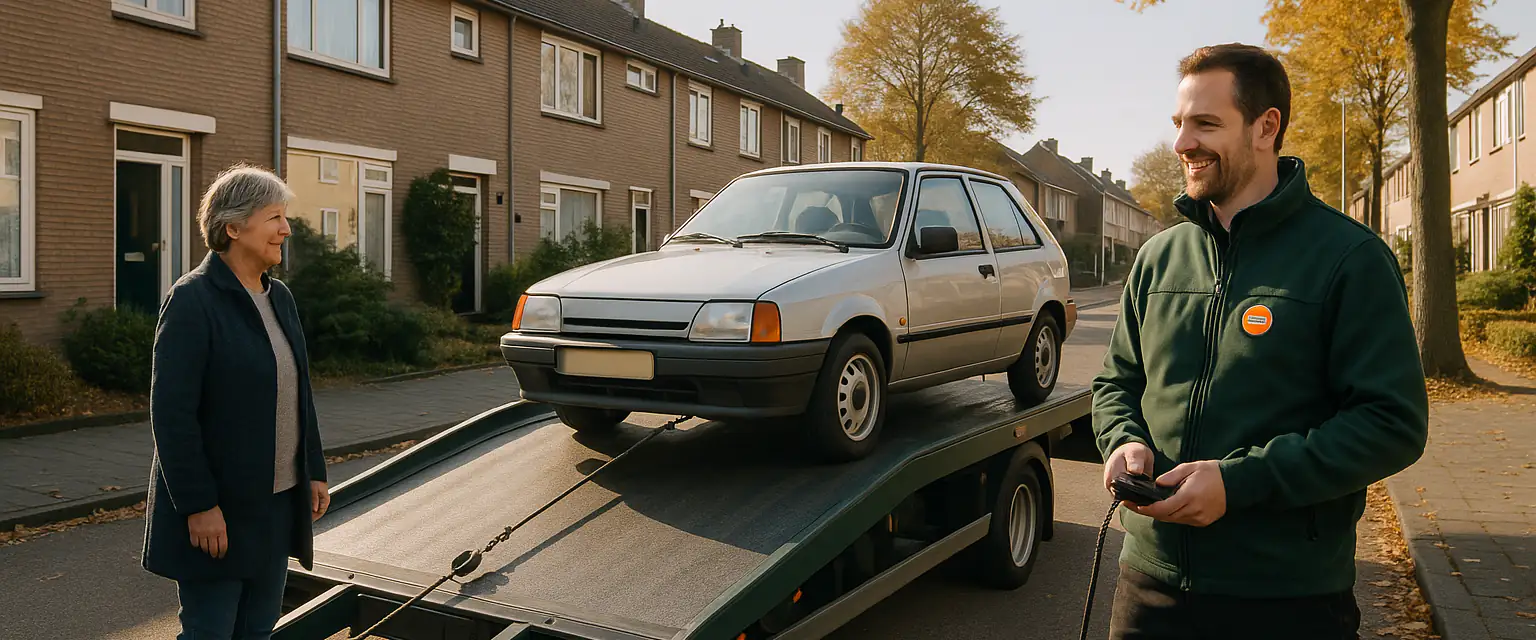 Medewerker van Sloopautokopers lier een oude zilveren hatchback op de oprijwagen in een Brabantse woonstraat
