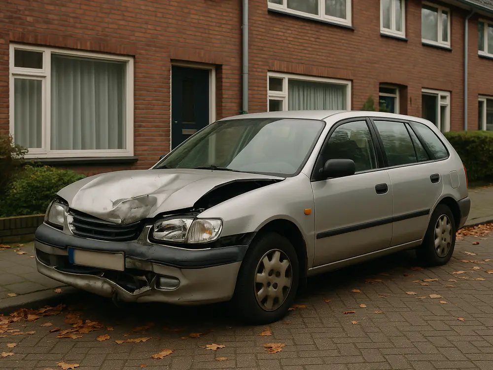 Zilveren gezinsauto met een ingedeukte voorkant na een aanrijding voor een rijtjeshuis